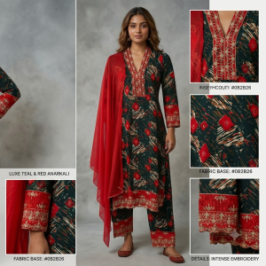 Women Green Printed Lycra Cotton Straight Kurta Set with Red Embroidered Border & Red Dupatta (3-Piece Set)
