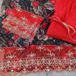 Women Green Printed Lycra Cotton Straight Kurta Set with Red Embroidered Border & Red Dupatta (3-Piece Set)