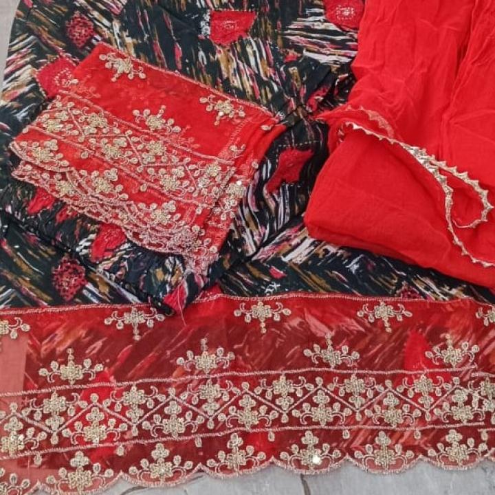 Women Green Printed Lycra Cotton Straight Kurta Set with Red Embroidered Border & Red Dupatta (3-Piece Set)
