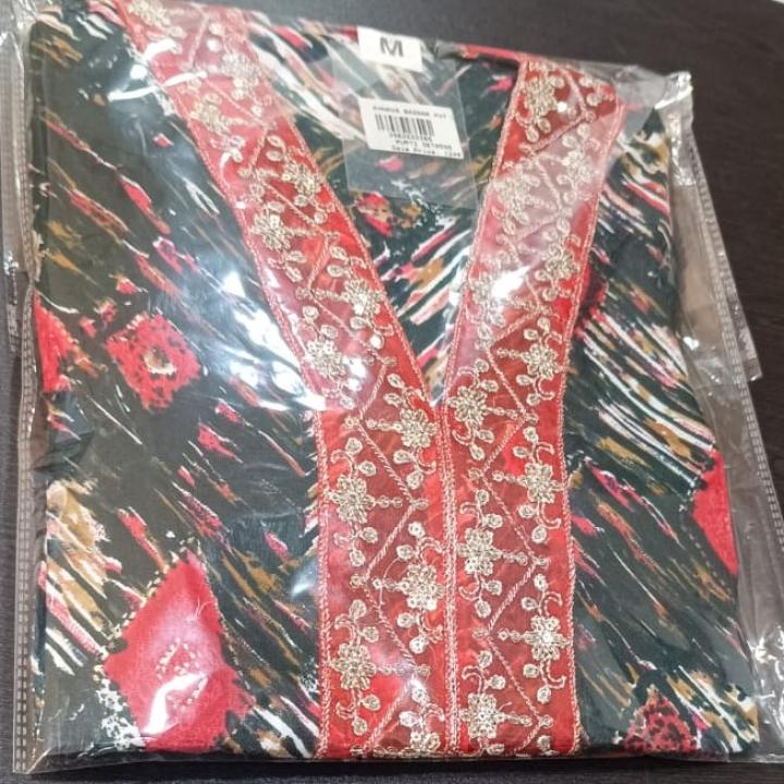 Women Green Printed Lycra Cotton Straight Kurta Set with Red Embroidered Border & Red Dupatta (3-Piece Set)