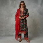 Women Green Printed Lycra Cotton Straight Kurta Set with Red Embroidered Border & Red Dupatta (3-Piece Set)